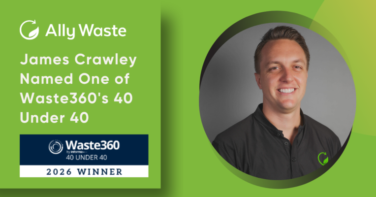 Green banner announcing James Crawley as Waste360's 40 Under 40, with a circular portrait on the right and a 2026 winner badge bottom-left of the image.