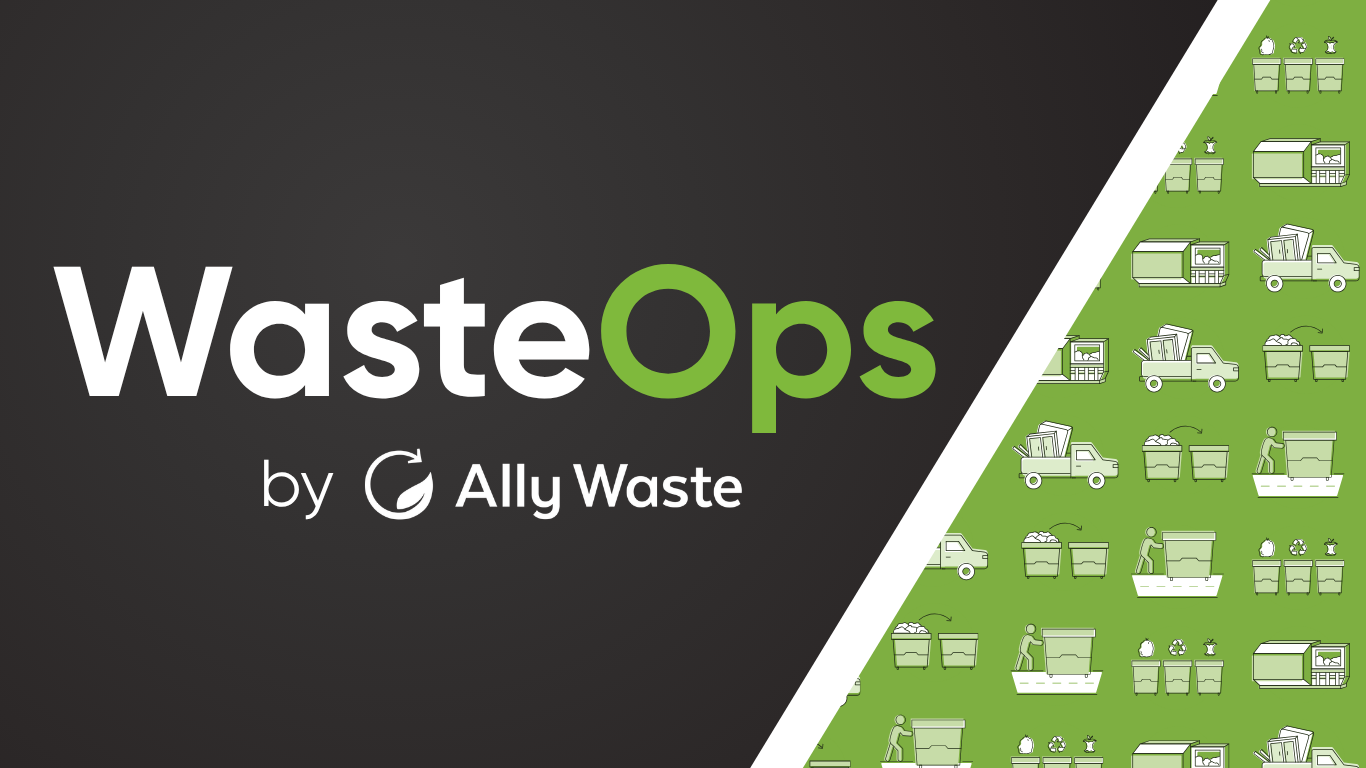 Banner for WasteOps by Ally Waste: dark left panel with bold white and green logo, curved green divider on right showing waste icons.
